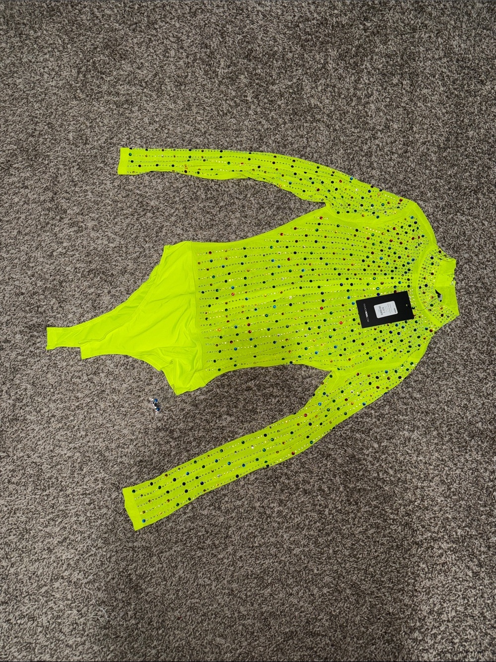 Fashion Nova Neon Yellow Rhinestone Long Sleeve Bodysuit